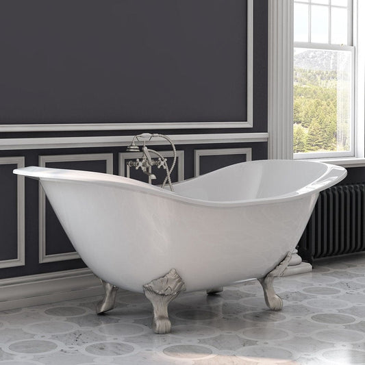 Cambridge Plumbing DES-DH-BN Cast Iron Double Ended Slipper Tub 71" x 30" with 7" Deck Mount Faucet Drillings, and Brushed Nickel Feet Feet (DES-DH-BN)