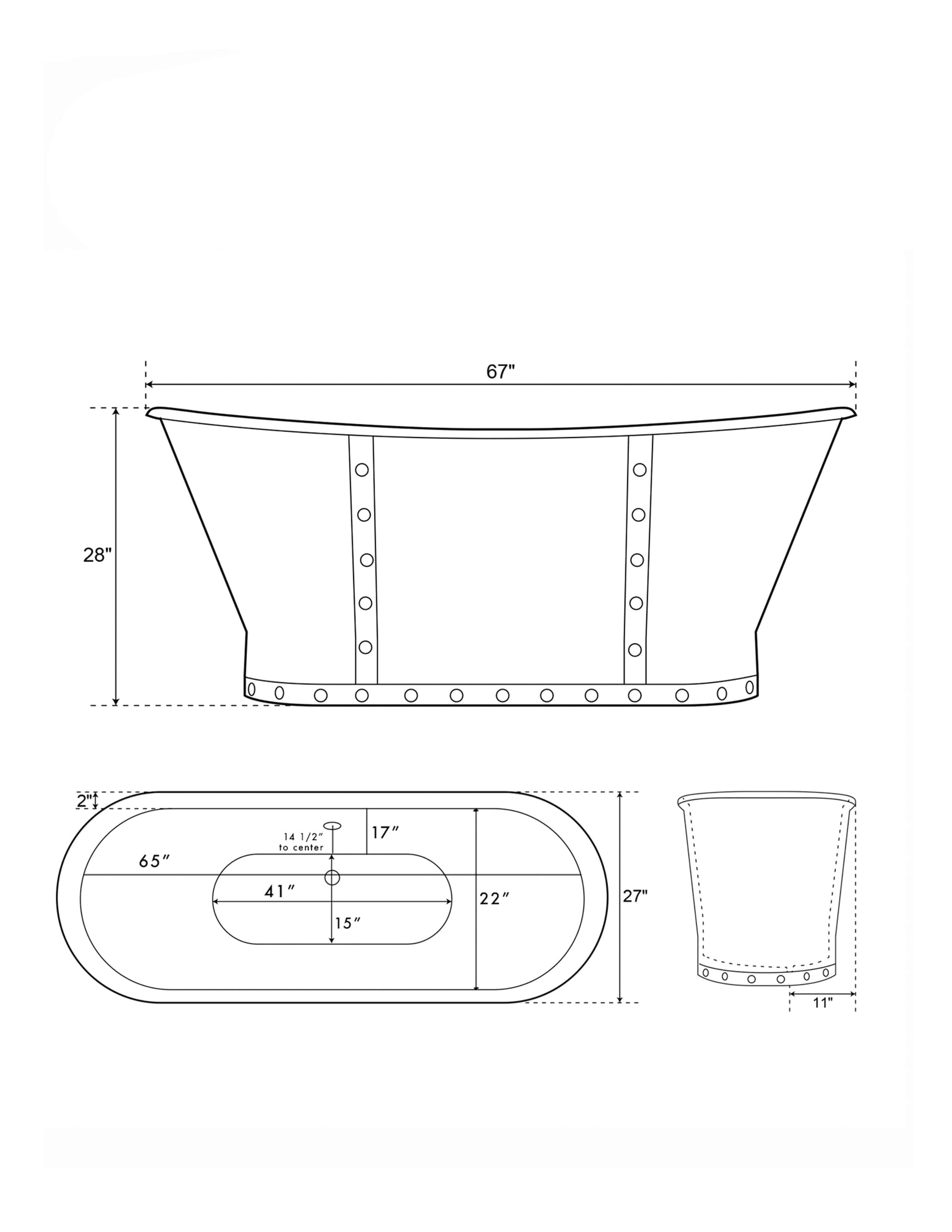 Cambridge Plumbing DES67-PED-NH Cast Iron Double Slipper Skirted Bathtub 27"D x 67"L x 28"H (DES67-PED-NH)