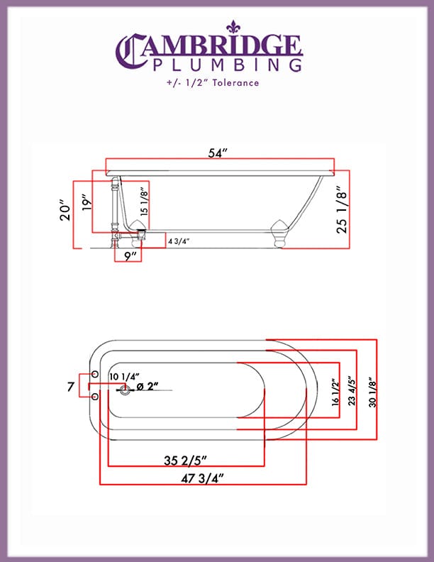 Cambridge Plumbing RR55-463D-6-PKG-BN-7DH Cast Iron Rolled Rim Clawfoot Tub 55" x 30" with 7" Deck Mount Faucet Drillings, and British Telephone Faucet Complete Brushed Nickel Plumbing Package + 6" Deck Mount Risers (RR55-463D-6-PKG-BN-7DH)