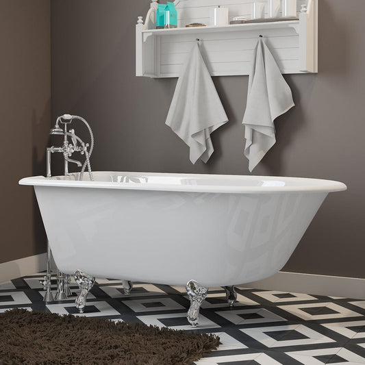 Cambridge Plumbing RR55-463D-6-PKG-CP-7DH Cast Iron Rolled Rim Clawfoot Tub 55" x 30" with 7" Deck Mount Faucet Drillings, and British Telephone Complete Polished Chrome Plumbing Package + 6" Deck Mount Risers (RR55-463D-6-PKG-CP-7DH)