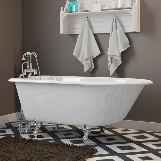 Cambridge Plumbing RR55-684D-PKG-CP-7DH Cast Iron Rolled Rim Clawfoot Tub 55" x 30" with 7" Deck Mount Faucet Drillings, and English Telephone Style Faucet Complete Polished Chrome Plumbing Package (RR55-684D-PKG-CP-7DH)