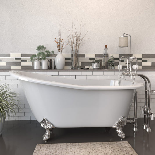 Cambridge Plumbing ST61-398684-PKG-BN-NH Cast Iron Slipper Clawfoot Tub 61" x 30" with Complete Brushed Nickel Free Standing English Telephone Style Faucet + Hand Held Shower Assembly Plumbing Package (No Faucet Drillings) (ST61-398684-PKG-BN-NH)