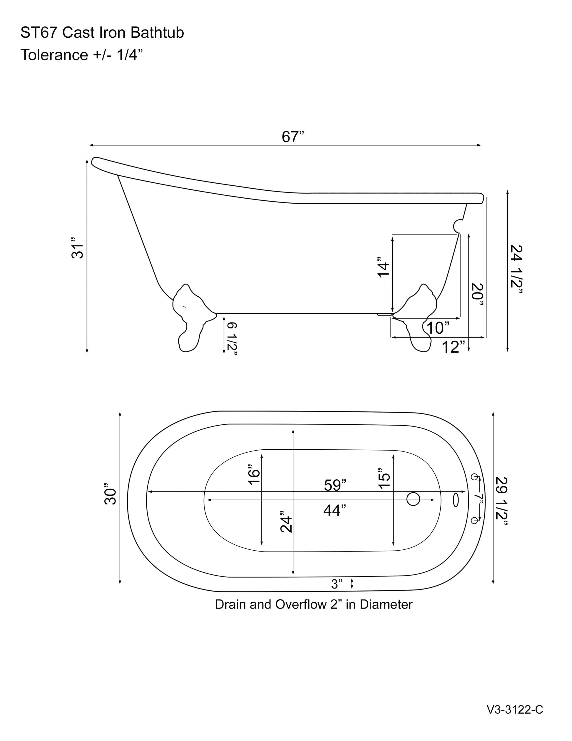 Cambridge Plumbing ST61-463D-2-PKG-CP-7DH Cast Iron Slipper Clawfoot Tub 61" x 30" with 7" Deck Mount Faucet Drillings, and Complete Polished Chrome Plumbing Package (ST61-463D-2-PKG-CP-7DH)