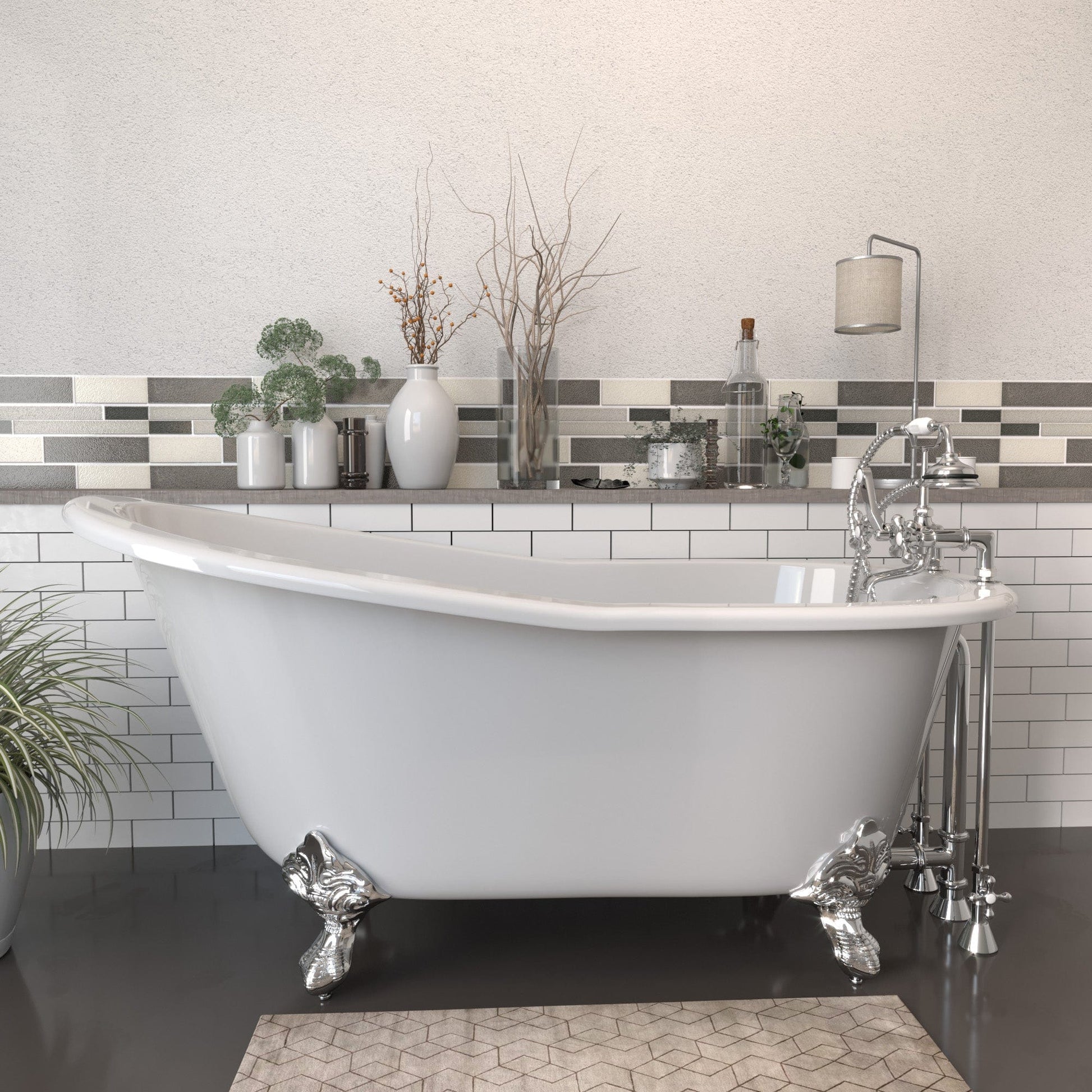 Cambridge Plumbing ST61-463D-2-PKG-CP-7DH Cast Iron Slipper Clawfoot Tub 61" x 30" with 7" Deck Mount Faucet Drillings, and Complete Polished Chrome Plumbing Package (ST61-463D-2-PKG-CP-7DH)