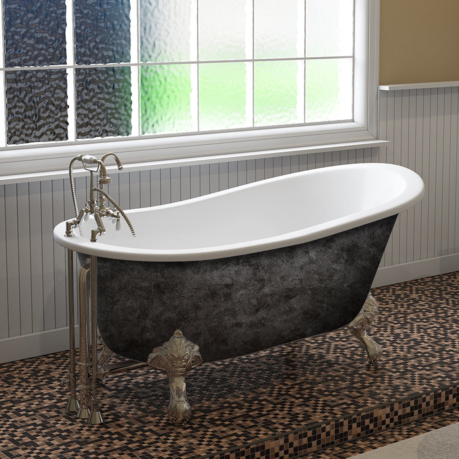 Cambridge Plumbing ST61-DH-CP-SP Scorched Platinum 61” x 30” Cast Iron Slipper Bathtub with 7” Deck Mount Faucet Holes and Polished Chrome Feet (ST61-DH-CP-SP)