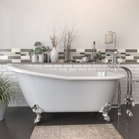 Cambridge Plumbing ST67-398684-PKG-CP-NH Cast Iron Slipper Clawfoot Tub 67" x 30" with Complete Polished Chrome Freestanding English Telephone Style Faucet + Hand Held Shower Assembly Plumbing Package (No Faucet Drillings) (ST67-398684-PKG-CP-NH)
