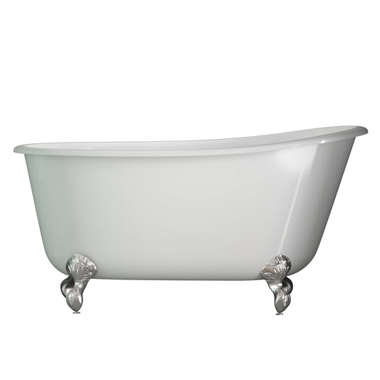 Cambridge Plumbing SWED58-150-PKG-BN-NH Cast Iron Swedish Slipper Tub 58" x 30" with Complete Brushed Nickel Modern Freestanding Tub Filler + Hand Held Shower Assembly Plumbing Package (No Faucet Drillings) (SWED58-150-PKG-BN-NH)