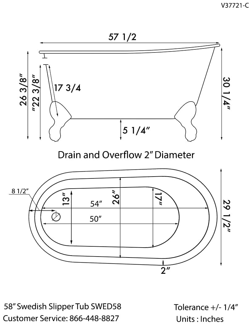 Cambridge Plumbing SWED58-150-PKG-CP-NH Cast Iron Swedish Slipper Tub 58" x 30" with Complete Polished Chrome Modern Freestanding Tub Filler + Hand Held Shower Assembly Plumbing Package (No Faucet Drillings) (SWED58-150-PKG-CP-NH)