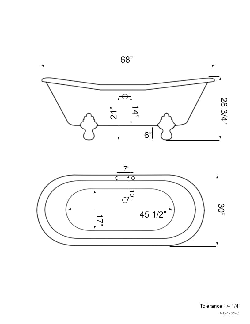 Cambridge Plumbing USA-ADES-DH-BN USA Quality 68" Clawfoot Double Slipper Tub with Deck Mount Faucet Holes and Brushed Nickel Feet (USA-ADES-DH-BN)