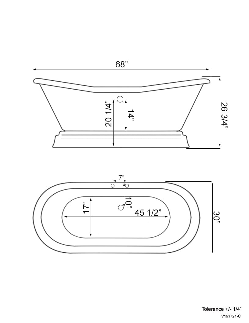 Cambridge Plumbing USA-ADES-PED-DH USA Quality 68" Double Slipper Pedestal Tub with Contiuous Rim (USA-ADES-PED-DH)