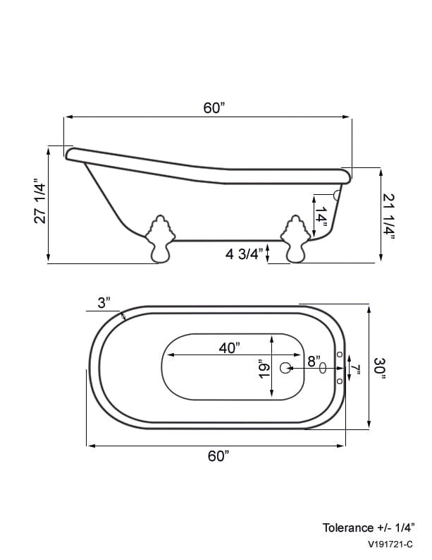 Cambridge Plumbing USA-AST60-DH-BN USA Quality 60" Clawfoot Slipper Tub with Deck Mount Faucet Holes and Brushed Nickel Feet (USA-AST60-DH-BN)