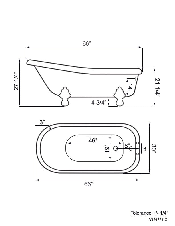 Cambridge Plumbing USA-AST66-DH-BN USA Quality 66" Clawfoot Slipper Tub with Deck Mount Faucet Holes and Brushed Nickel Feet (USA-AST66-DH-BN)