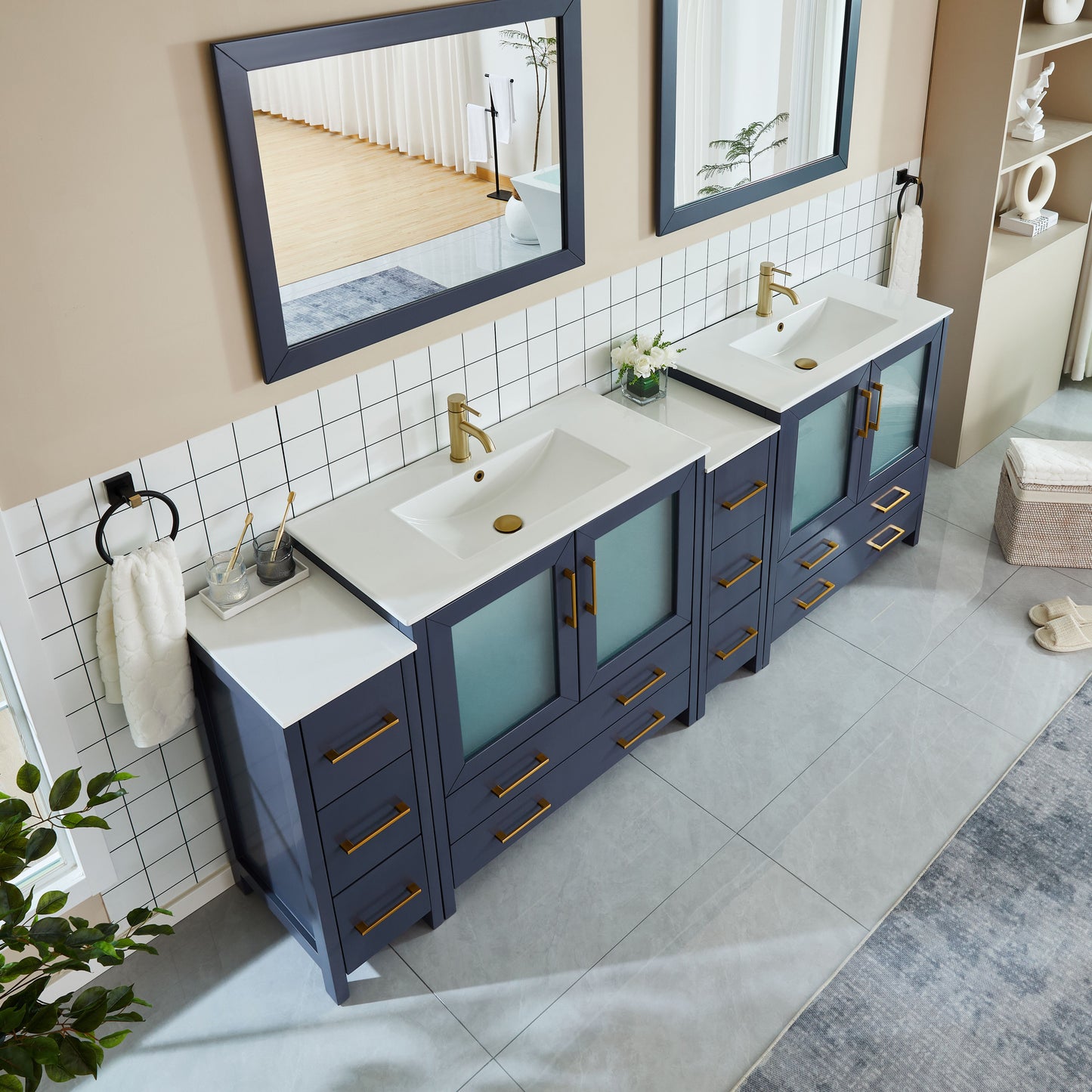 96 Inch Double Sink Bathroom Vanity in Blue with Ceramic Countertop - Vanity Art VA3036-96B