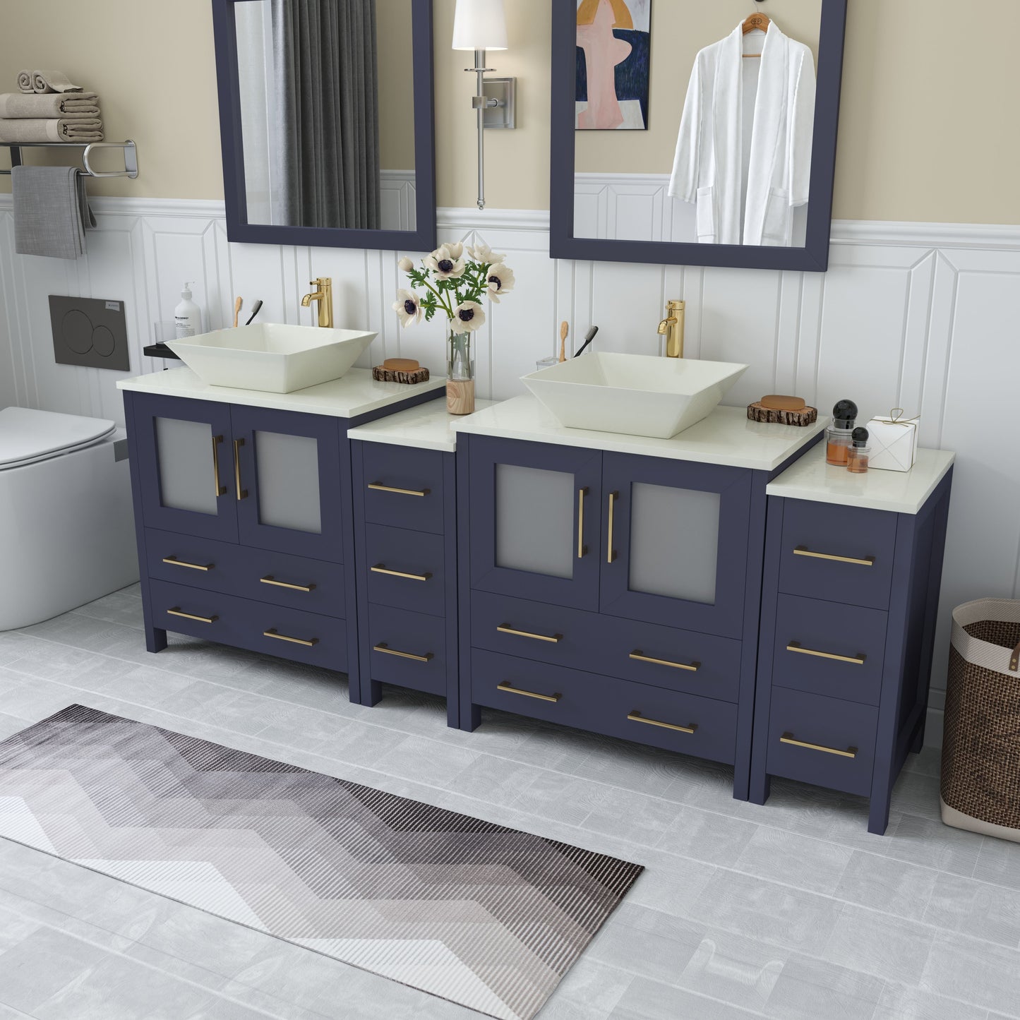 84 Inch Double Sink Bathroom Vanity in Blue with Marble Countertop - Vanity Art VA3130-84B