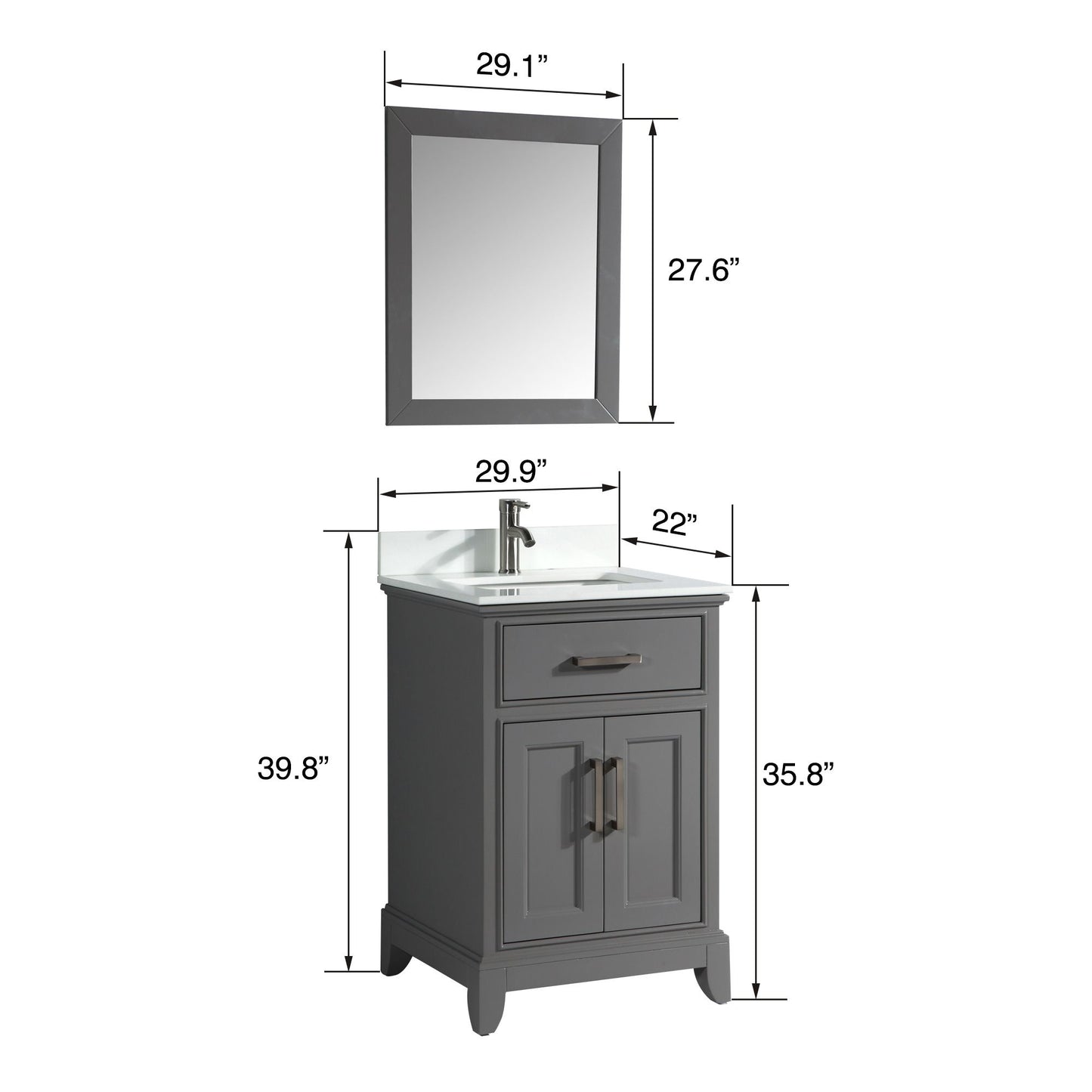 30 Inch Single Sink Bathroom Vanity in Gray with White Marble Countertop - Vanity Art VA1030G