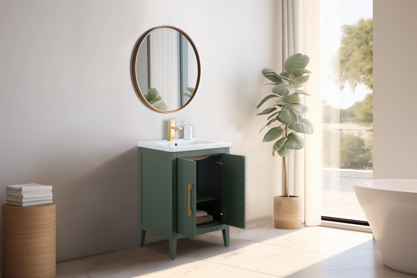 24 Inch Single Sink Bathroom Vanity in Vintage Green with Ceramic Top - Vanity Art VA9024-VG