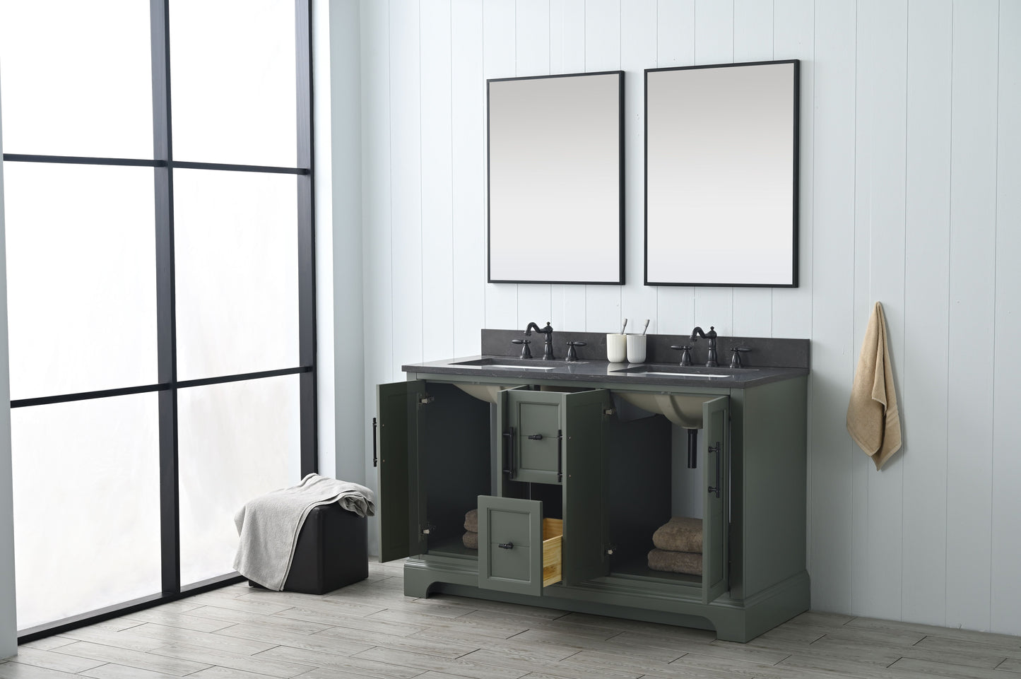 54 Inch Double Sink Bathroom Vanity in Vintage Green with Marble Countertop & Backsplash - Vanity Art VA5054-VG