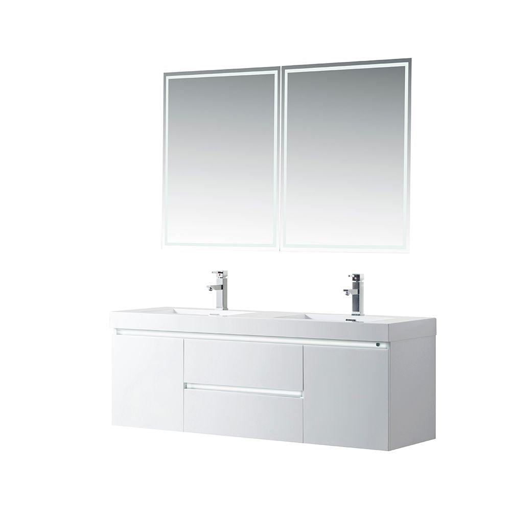 60 Inch LED Lighted Wall Hung Double Sink Bathroom Vanity in White with Resin Top - Vanity Art VA6060DWL