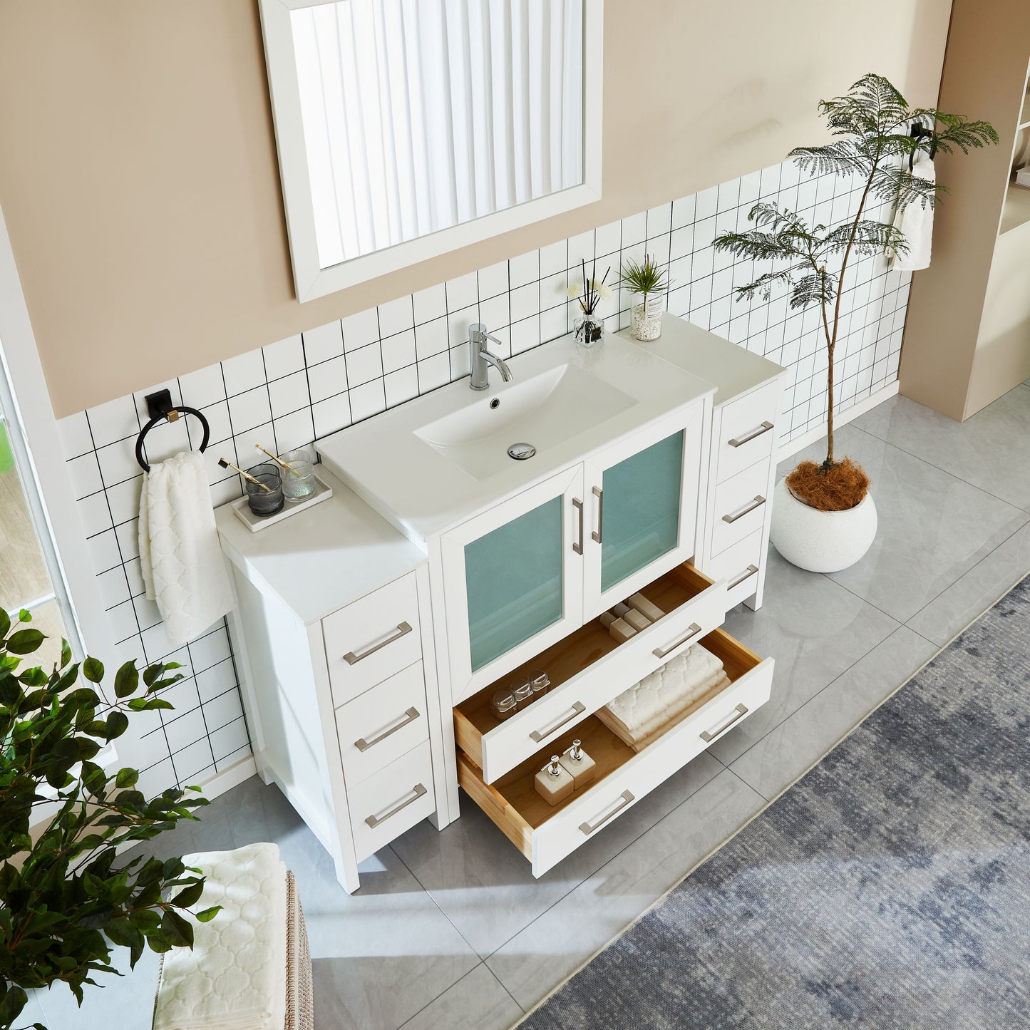 60 Inch Single Sink Bathroom Vanity in White with Ceramic Countertop - Vanity Art VA3036-60W