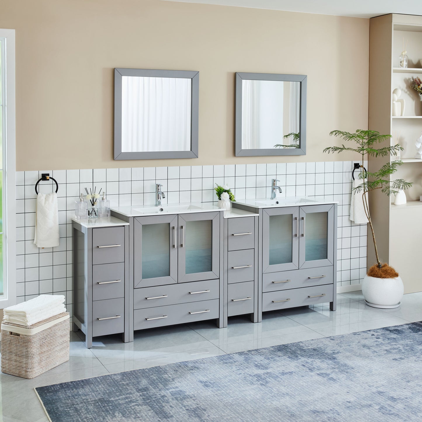 84 Inch Double Sink Bathroom Vanity in Gray with Ceramic Countertop - Vanity Art VA3030-84G