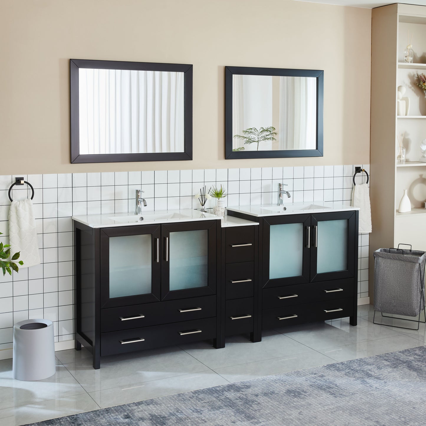 84 Inch Double Sink Bathroom Vanity in Espresso with Ceramic Countertop - Vanity Art VA3036-84E