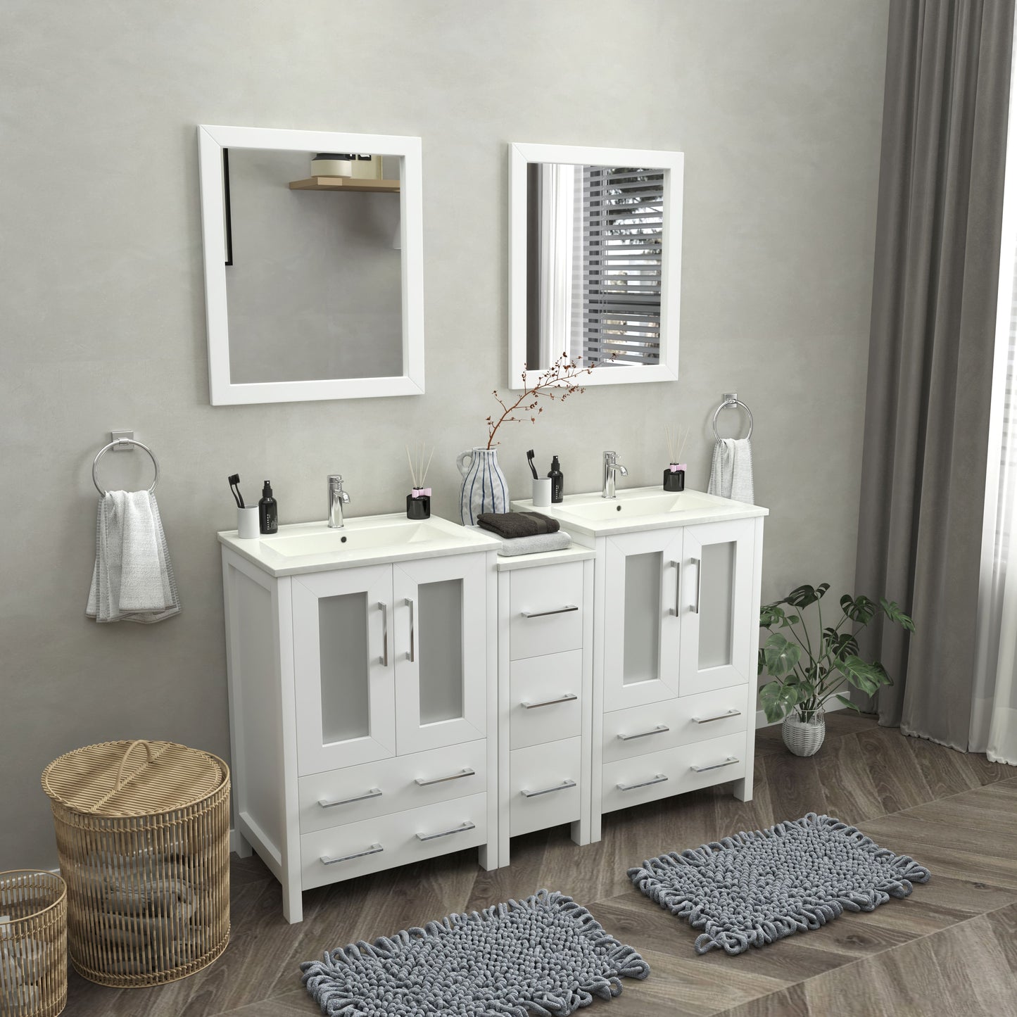 60 Inch Double Sink Bathroom Vanity in White with Ceramic Countertop - Vanity Art VA3024-60W