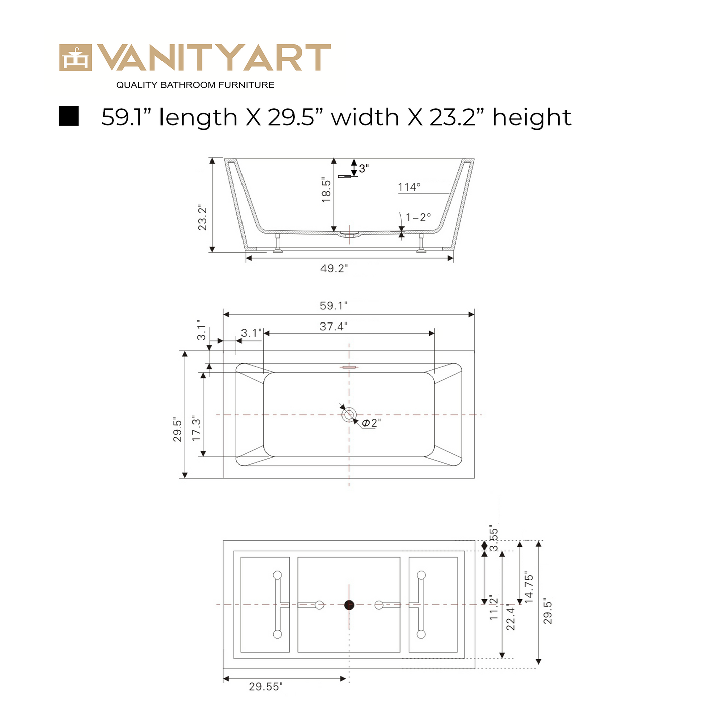 59 Inch Freestanding White Acrylic Bathtub with Overflow And Pop-Up Drain - Vanity Art VA6814-S-PW