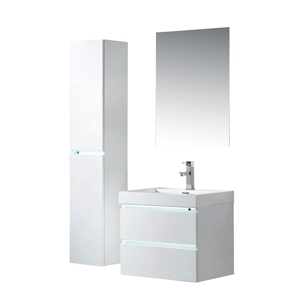 24 Inch LED Lighted Wall Hung Single Sink Bathroom Vanity in White with Resin Top - Vanity Art VA6024WL