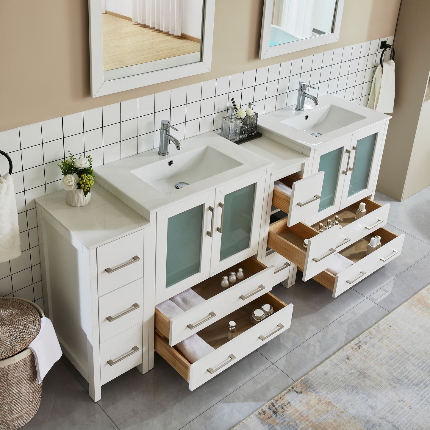 84 Inch Double Sink Bathroom Vanity in White with Ceramic Countertop - Vanity Art VA3030-84W