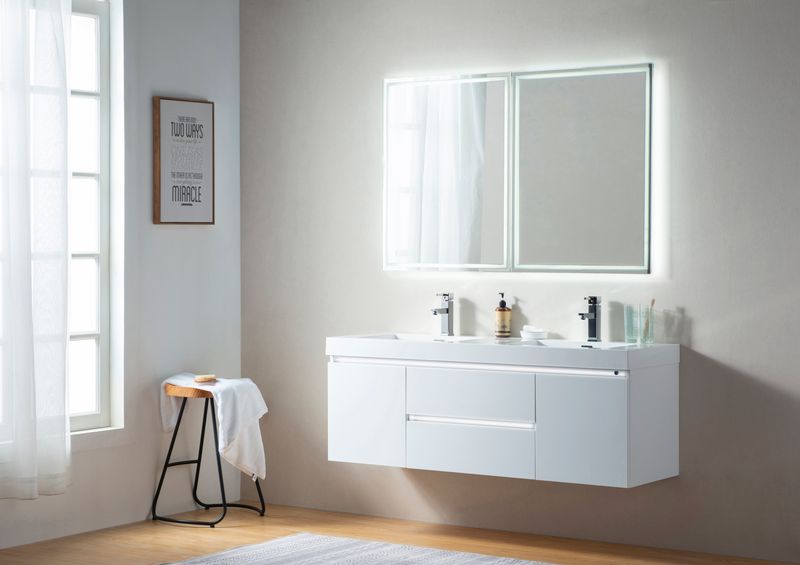 60 Inch LED Lighted Wall Hung Double Sink Bathroom Vanity in White with Resin Top - Vanity Art VA6060DWL