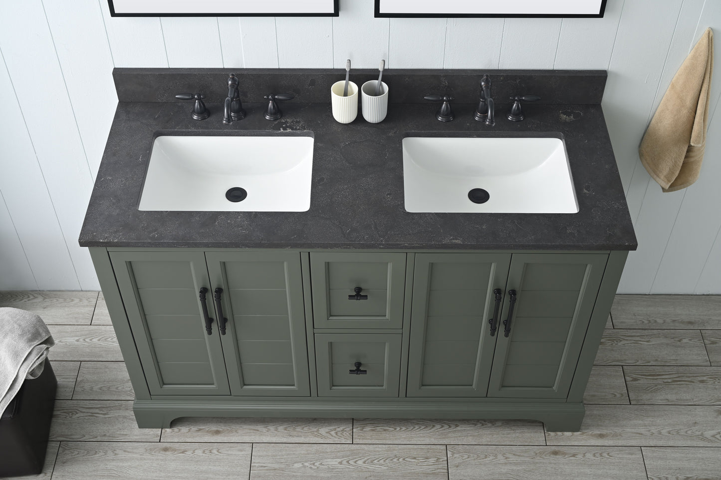 54 Inch Double Sink Bathroom Vanity in Vintage Green with Marble Countertop & Backsplash - Vanity Art VA5054-VG