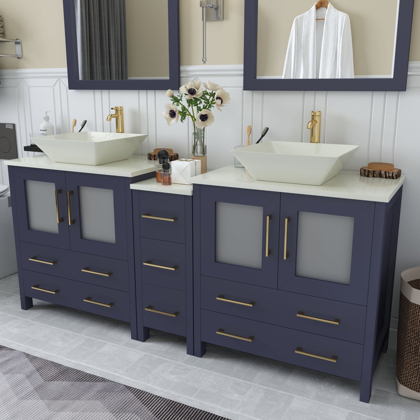 72 Inch Double Sink Bathroom Vanity in Blue with Marble Countertop - Vanity Art VA3130-72B