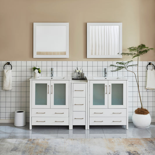 72 Inch Double Sink Bathroom Vanity in White with Ceramic Countertop - Vanity Art VA3030-72W