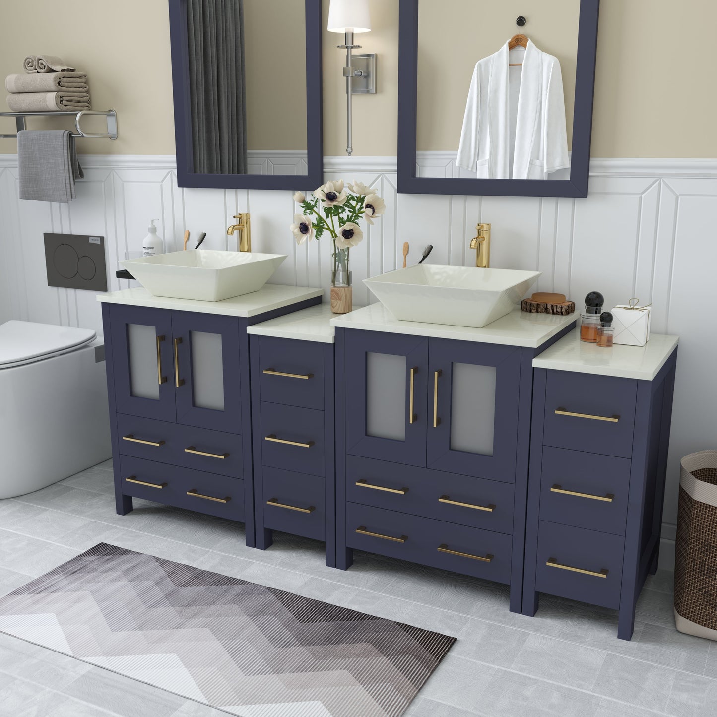 72 Inch Double Sink Bathroom Vanity in Blue with Marble Countertop - Vanity Art VA3124-72B