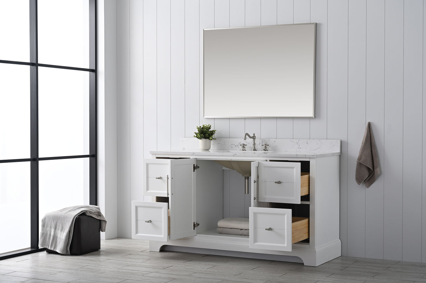 60 Inch Single Sink Bathroom Vanity in White with Marble Countertop & Backsplash - Vanity Art VA5060-SW