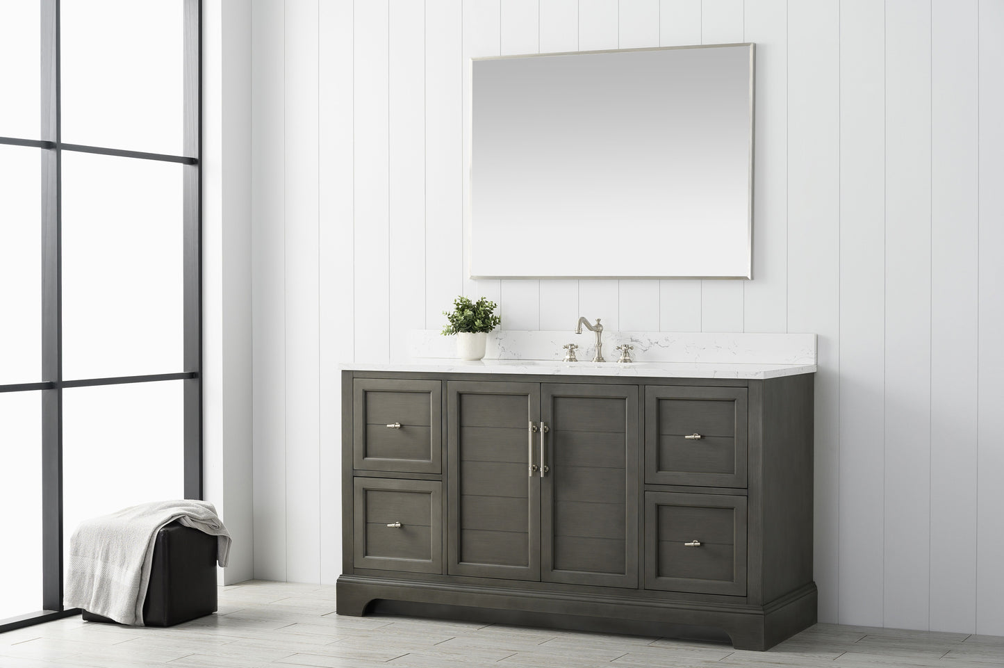 60 Inch Single Sink Bathroom Vanity in Gray with Marble Countertop & Backsplash - Vanity Art VA5060-SSG