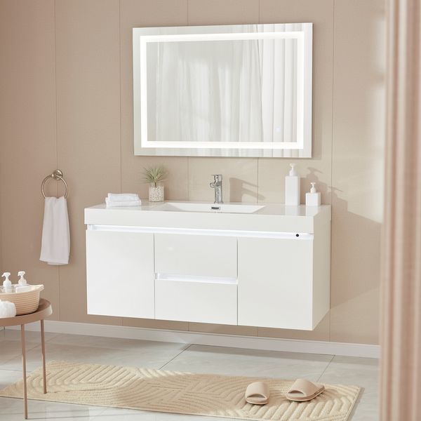 48 Inch LED Lighted Wall Hung Single Sink Bathroom Vanity in White with Resin Top - Vanity Art VA6048WL