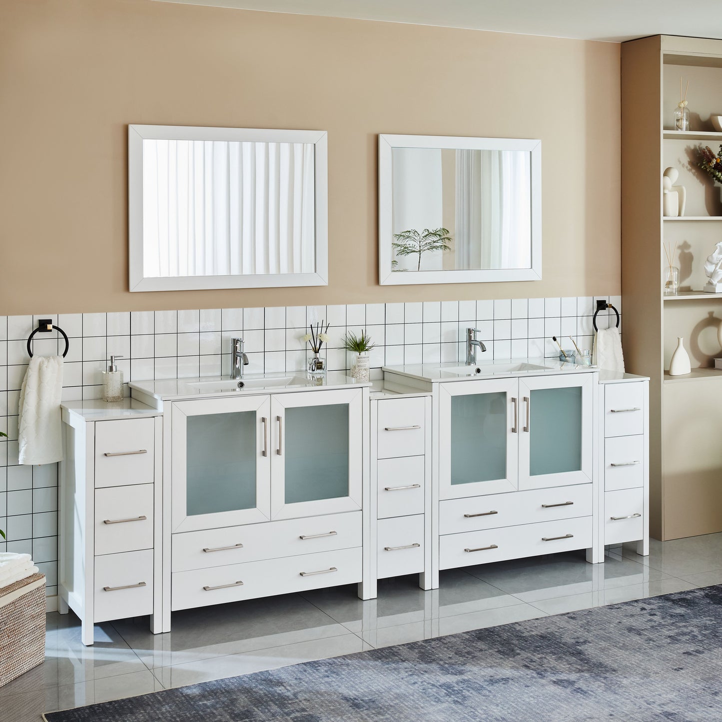 108 Inch Double Sink Bathroom Vanity in White with Ceramic Countertop - Vanity Art VA3036-108W