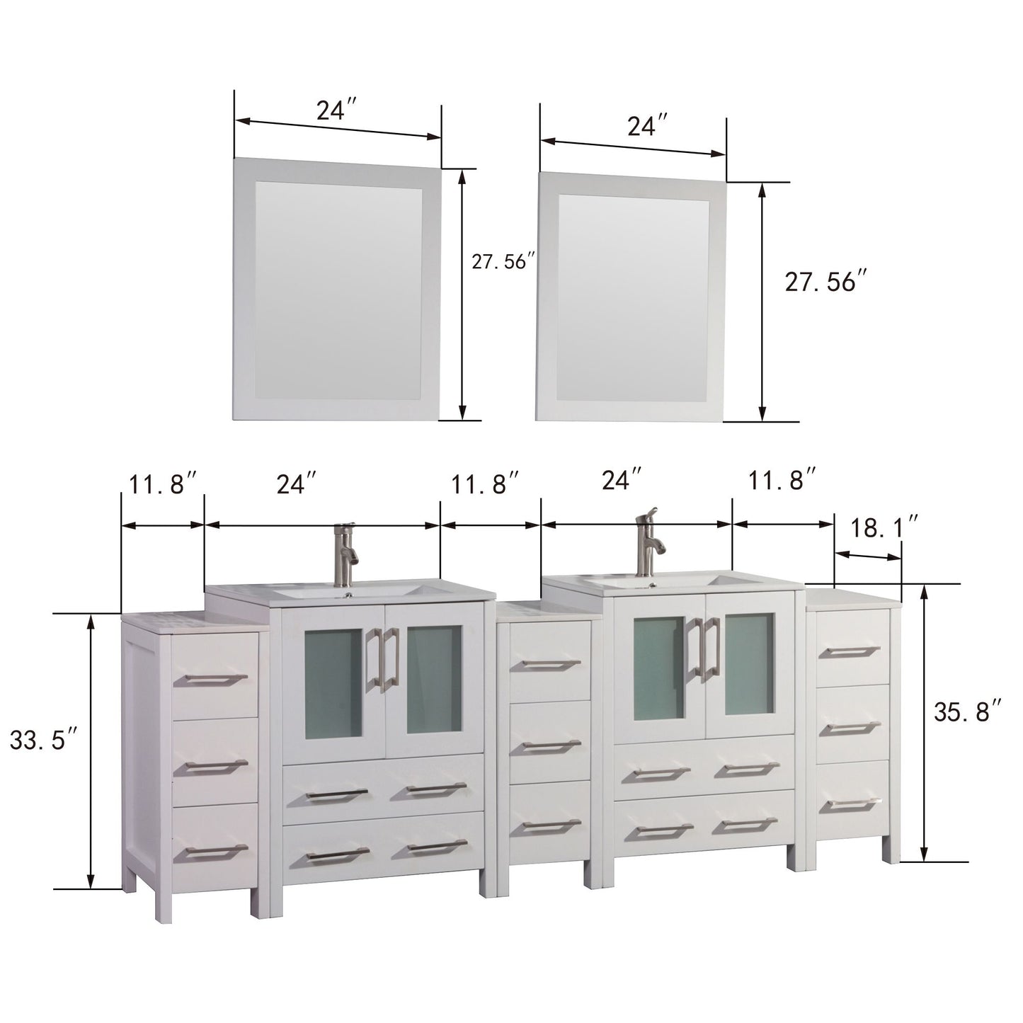 84 Inch Double Sink Bathroom Vanity in White with Ceramic Countertop - Vanity Art VA3024-84W