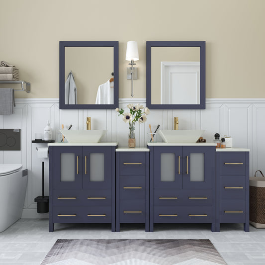 72 Inch Double Sink Bathroom Vanity in Blue with Marble Countertop - Vanity Art VA3124-72B