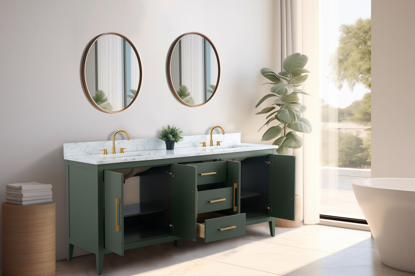 72 Inch Double Sink Bathroom Vanity in Vintage Green with Marble Countertop - Vanity Art VA9072-DVG