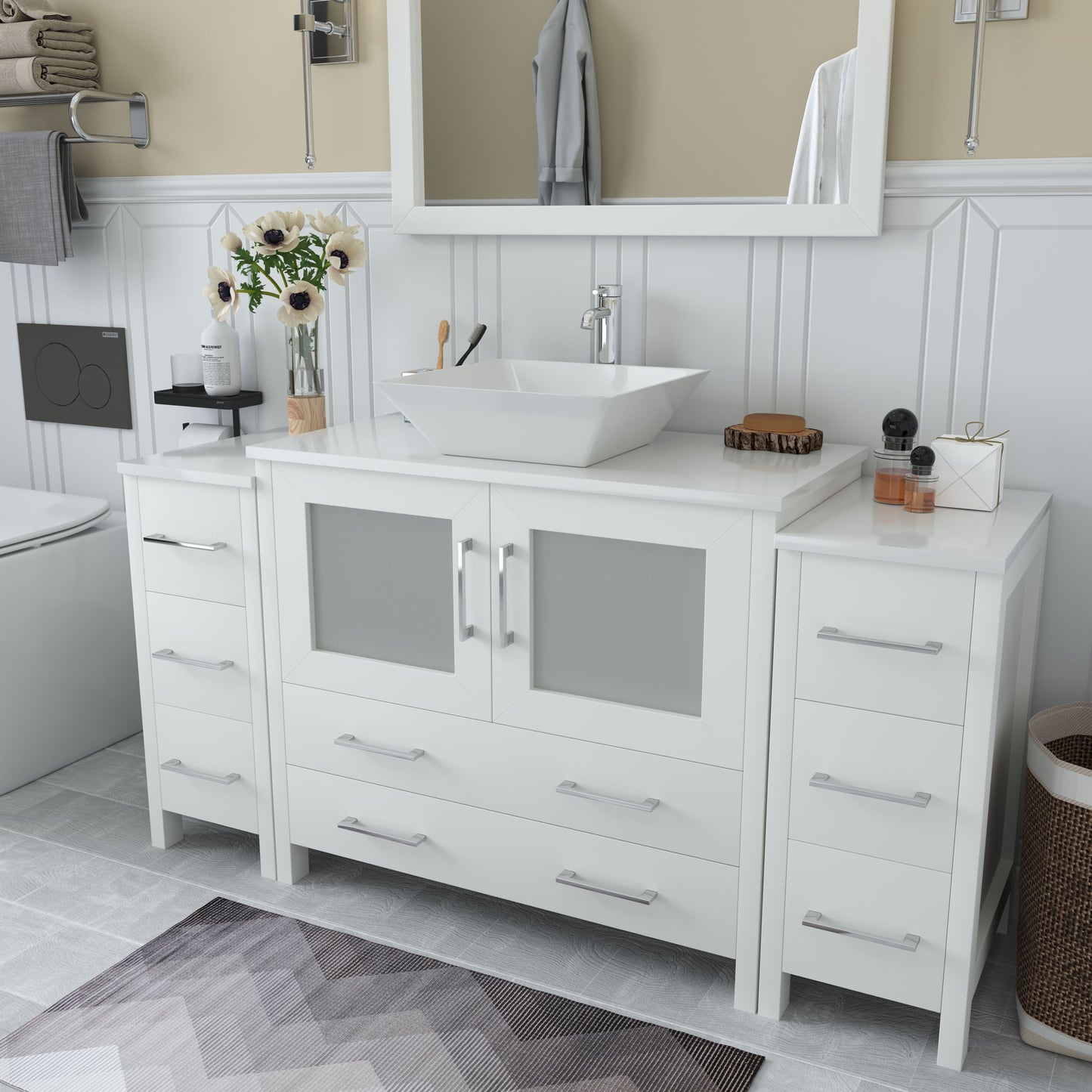 60 Inch Single Sink Bathroom Vanity in White with Marble Countertop - Vanity Art VA3136-60W