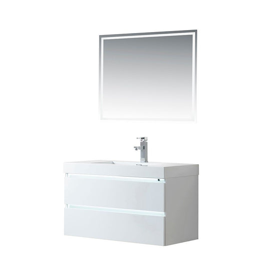 36 Inch LED Lighted Wall Hung Single Sink Bathroom Vanity in White with Resin Top - Vanity Art VA6036WL