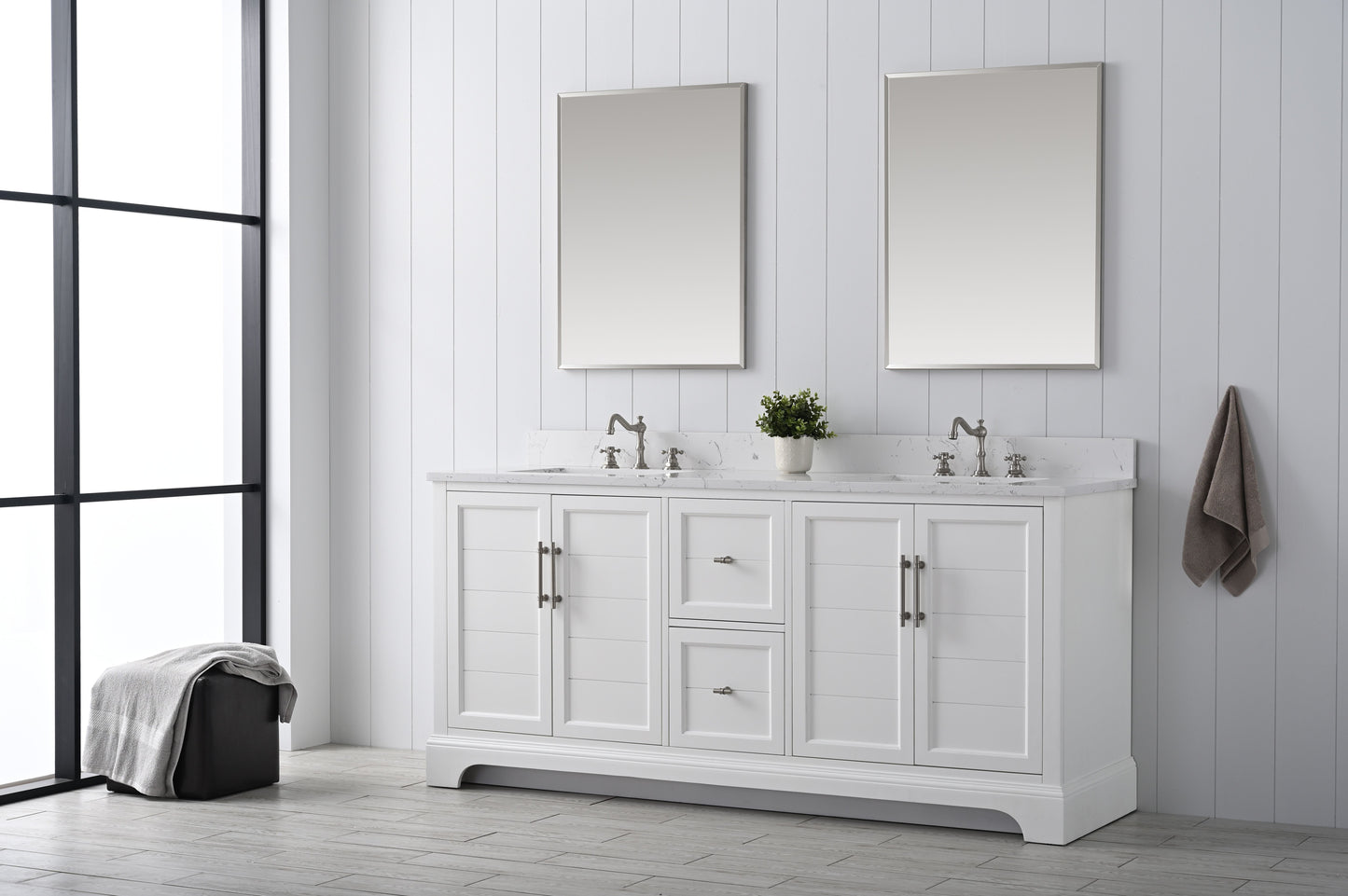 72 Inch Double Sink Bathroom Vanity in White with Marble Countertop & Backsplash - Vanity Art VA5072-DW