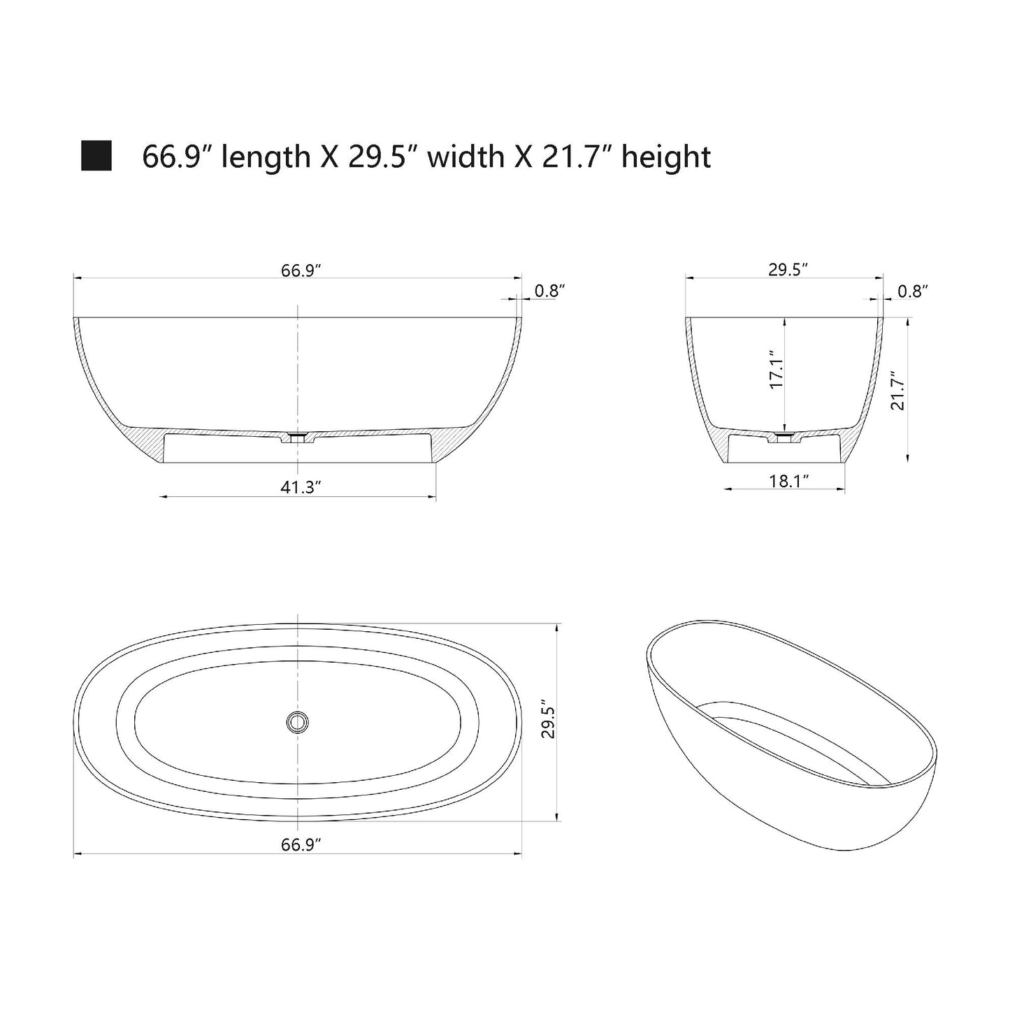 Freestanding Solid Surface Resin Bathtub 67 Inch x 29.5 Inch - Vanity Art VA6921-PCL