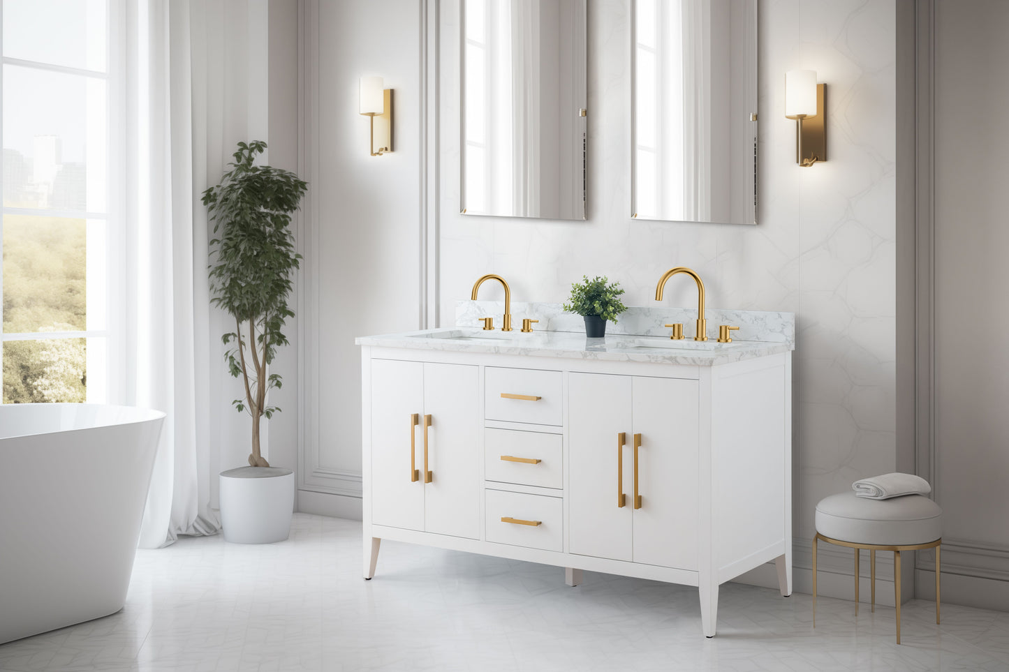 60 Inch Double Sink Bathroom Vanity in White with Marble Countertop - Vanity Art VA9060-DW