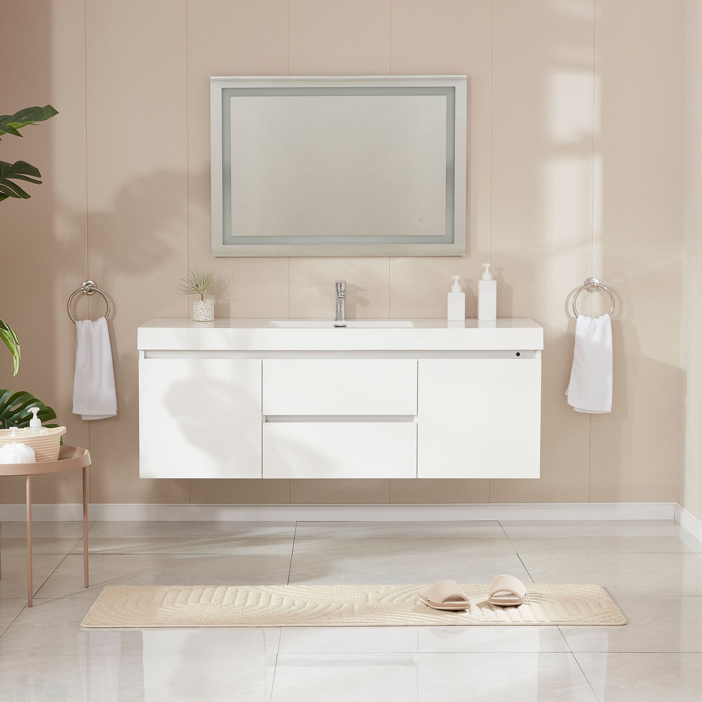 60 Inch LED Lighted Wall Hung Single Sink Bathroom Vanity in White with Resin Top - Vanity Art VA6060WL