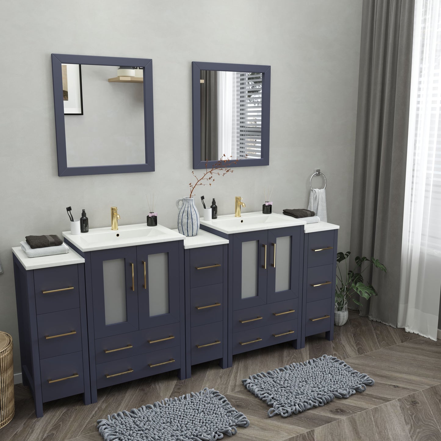 84 Inch Double Sink Bathroom Vanity in Blue with Ceramic Countertop - Vanity Art VA3024-84B