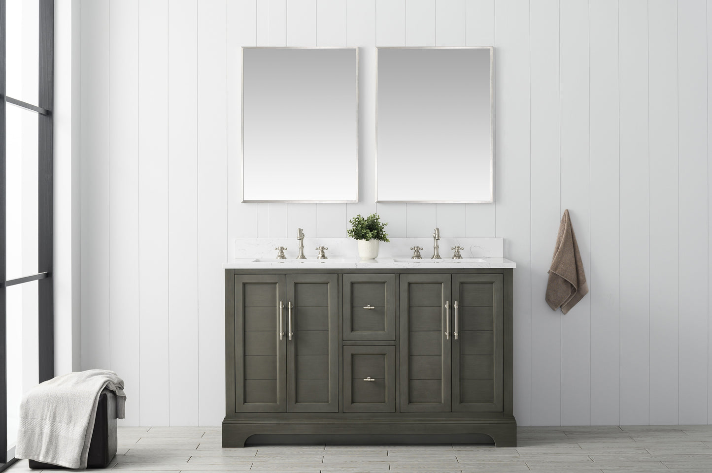 54 Inch Double Sink Bathroom Vanity in Gray with Marble Countertop & Backsplash - Vanity Art VA5054-SG