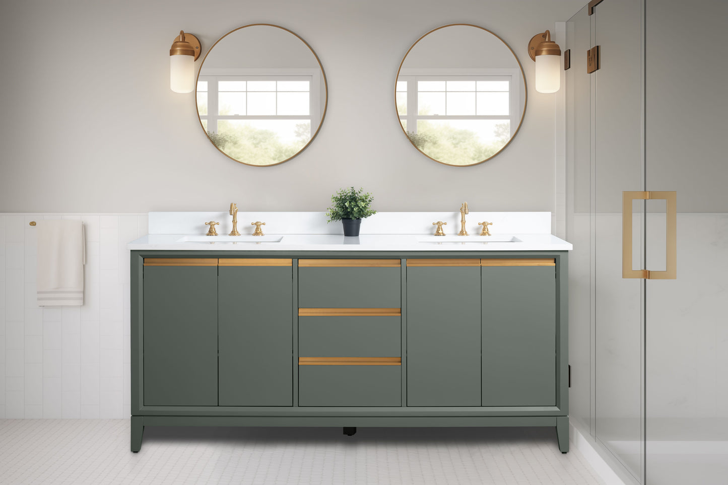 72 Inch Double Sink Bathroom Vanity in Vintage Green with Marble Countertop - Vanity Art VA8072-DVG